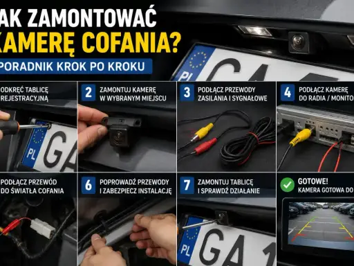 Instrukcja montażu kamery cofania na tylnej szybie: odkręcanie tablicy, mocowanie kamery, podłączanie przewodów zasilania i sygnału do radia/monitora, podłączenie do światła cofania, prowadzenie przewodów i sprawdzenie działania.