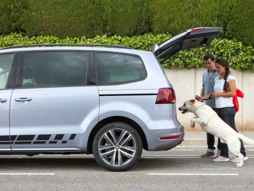 Pareja ayuda a su perro a subir al mejor coche para llevar perros, un monovolumen plateado con el maletero abierto.