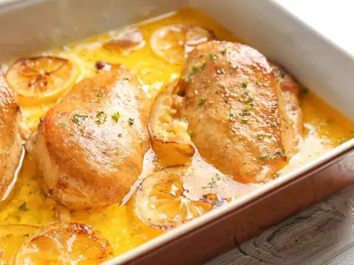 Scaloppine di pollo al limone dorate e succulente, immerse in una salsa cremosa con fette di limone caramellate.