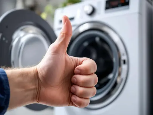 Pouce levé devant une machine à laver ouverte, signe que l'arrivée d'eau est parfaite pour le prochain lavage.