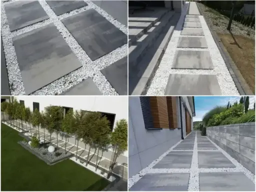 Nowoczesna opaska wokół domu z płyt betonowych i białego żwiru tworzy eleganckie ścieżki i akcenty w ogrodzie.