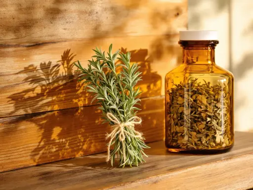 Un bouquet de romarin frais et une fiole ambrée remplie de feuilles séchées, évoquant le bienfait romarin pour la santé et le bien-être.