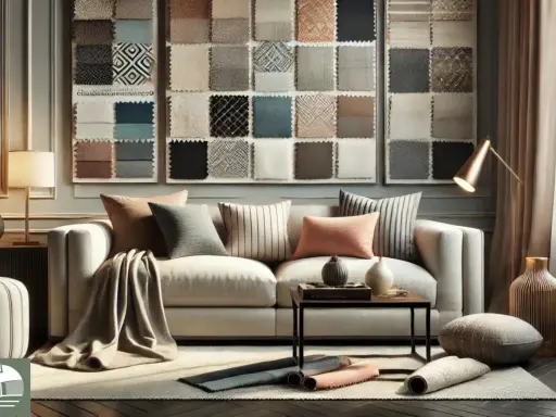 Tessuti per divano in esposizione, con campioni di texture e colori che ispirano il design d'interni.