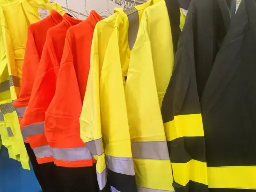 Variedad de ropa de alta visibilidad normativa en colores amarillo, naranja y negro, con bandas reflectantes para garantizar la seguridad en entornos de trabajo.