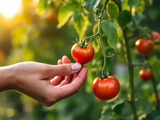 Main d'une personne cueillant une tomate mûre sur une branche. La question "faut il arroser les tomates tous les jours" flotte dans l'air.