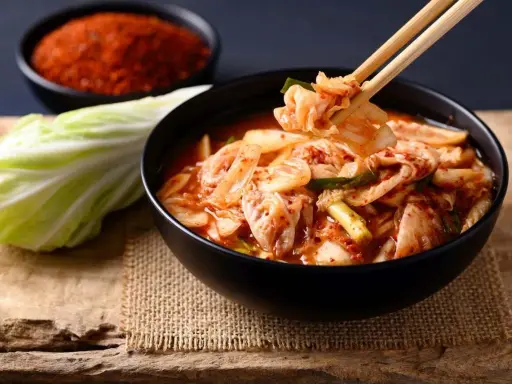 Miseczka z kimchi, pałeczki podnoszące kawałek kapusty, obok kapusta i miseczka z przyprawą.