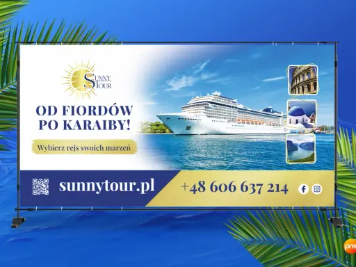 Reklama banerowa z rejsem od fiordów po Karaiby. Wybierz rejs swoich marzeń z Sunny Tour!