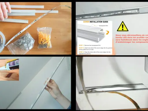 Guide pour comment installer un ruban led : profilés, bande LED, clips, vis et chevilles. Instructions pour clipser le cache.