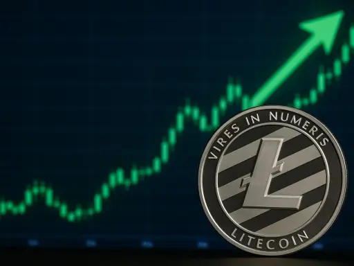 Moneta Litecoin na tle wykresu wzrostowego. Zielona strzałka w górę sugeruje optymistyczne litecoin prognozy.