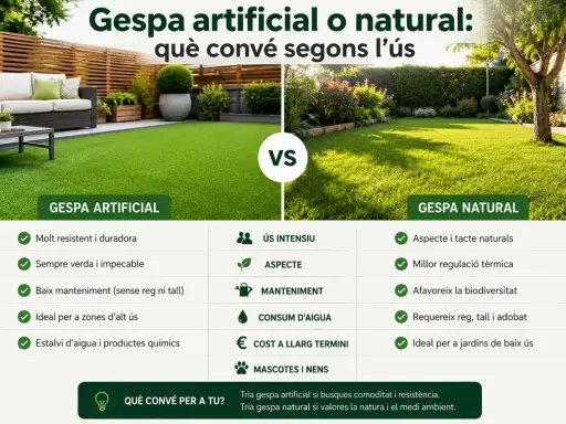 Comparativa de cesped artificial o natural, mostrando sus ventajas y desventajas para diferentes usos.