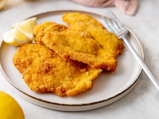 Piatto di cotolette di pollo dorate e croccanti, servite con spicchi di limone fresco e una forchetta.