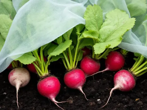 Des radis rouges et blancs, prêts à être récoltés, poussent sous un voile protecteur. Une belle réussite pour semer des radis en jardinière.