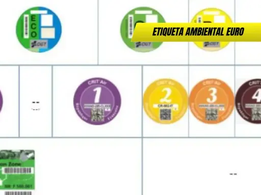 Pegatinas de clasificación ambiental para vehículos, incluyendo la etiqueta **euro 6d**.