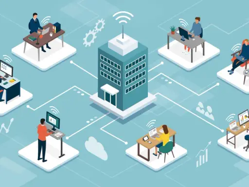 Illustration d'un bureau central connecté à plusieurs employés en télétravail. Le nombre de jours maximum de télétravail dans le secteur privé est représenté par ce réseau.