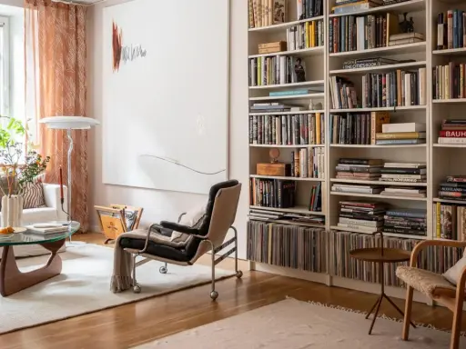 Acogedora sala de estar con una estantería repleta de libros, vinilos y objetos decorativos. La **decoración de librería** se integra perfectamente con el mobiliario moderno y la luz natural.