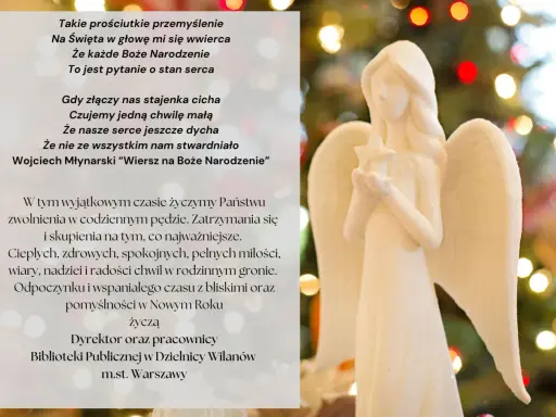 Aniołek z gwiazdką na tle choinki. Piękne wiersze na Boże Narodzenie od Biblioteki Publicznej w Dzielnicy Wilanów.