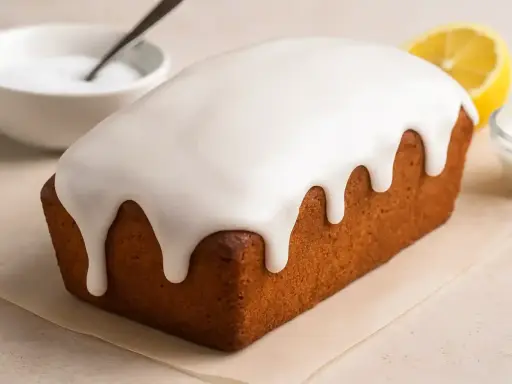 Un délicieux cake au citron avec un glaçage blanc dégoulinant. Parfait pour un glacage sur gateau froid ou chaud, il est prêt à être dégusté.
