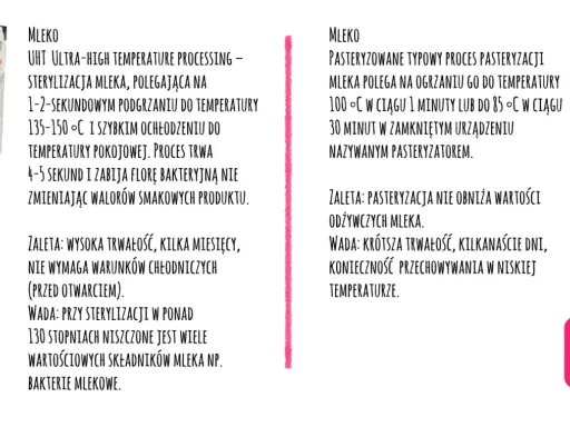 Porównanie mleka pasteryzowanego a UHT. UHT to sterylizacja w wysokiej temperaturze, dająca długą trwałość. Pasteryzacja zachowuje więcej wartości odżywczych, ale skraca termin przydatności.