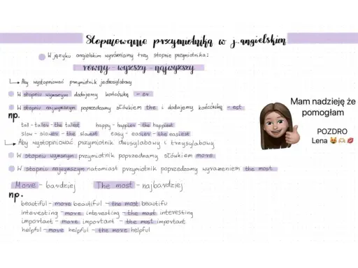 Stopniowanie przymiotników w j. angielskim: easy, easier, the easiest. Wyjaśnienie stopniowania przymiotników jednosylabowych i wielosylabowych.