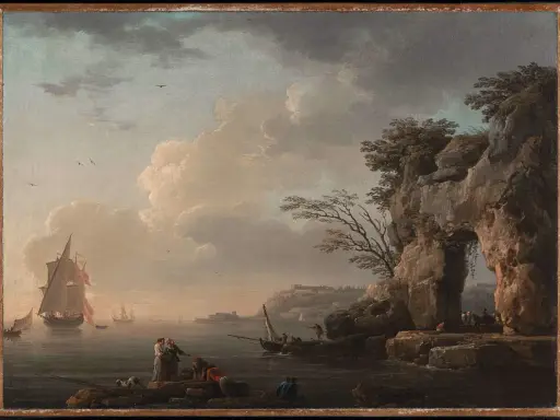 Ein romantisches landschaftsbild kunst mit Segelschiffen, Felsen und Menschen am Ufer.