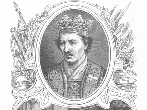 Portret Władysława II Jagiełły w koronie i bogatym stroju, otoczony symbolami władzy i zwycięstwa.