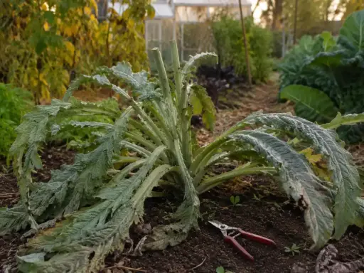 Un pied d'artichaut après récolte, prêt à être taillé. Que faire des pieds d'artichauts après la récolte ? Le jardinier peut les couper pour l'hiver.
