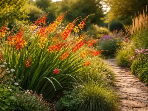Ein sonniger Gartenweg führt vorbei an leuchtend orange-gelben Blütenrispen von montbretien winterhart, umgeben von Gräsern und zarten Blüten.