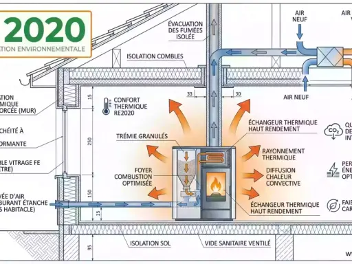 Schéma du poêle à granulé fonctionnement : alimentation, combustion, diffusion de chaleur, évacuation des fumées et récupération d'énergie.