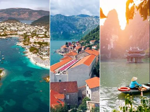 Trzy widoki: albańska plaża, chorwackie miasteczko nad zatoką, wietnamska świątynia na wodzie. Idealne miejsca na wakacje.