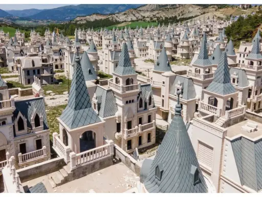 Un villaggio di case a forma di castello, Burj Al Babas, con tetti a punta grigi e facciate bianche, immerso in un paesaggio collinare.