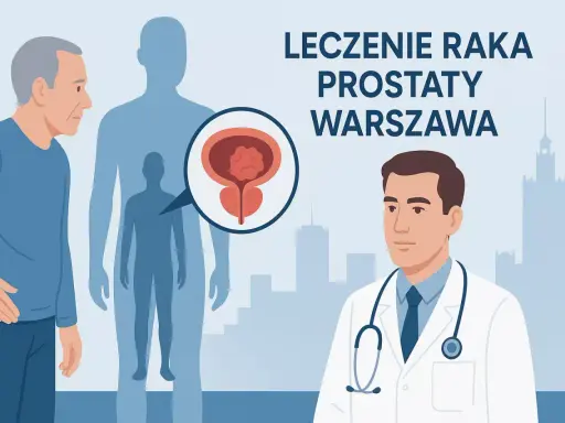 Lekarz omawia z pacjentem rokowania dotyczące nieoperacyjnego raka prostaty. W tle sylwetki mężczyzn i schemat prostaty.
