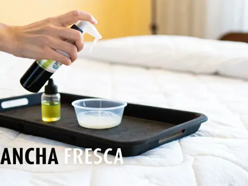 Persona rocía líquido de una botella sobre una bandeja con un recipiente pequeño. Aprende como desinfectar un colchon.