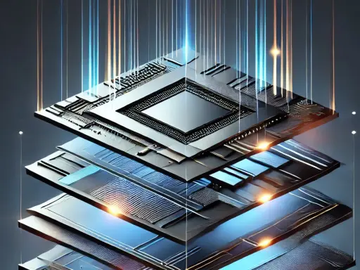 Strati di un sensore CMOS con circuiti complessi e fasci di luce che salgono, simboleggiando l'elaborazione dati.