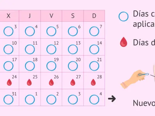 Calendario muestra días con anillo y días de regla. Se puede retirar la regla tomando anticonceptivos.
