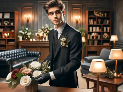 Giovane uomo in abito scuro sistema fiori, forse riflettendo su quanto guadagna un becchino in questo elegante ambiente.