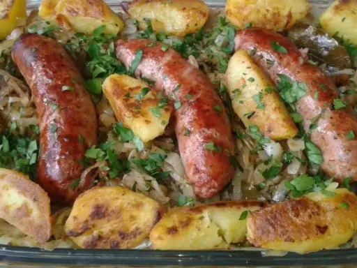Pyszna biała kiełbasa z kapustą kiszoną i pieczonymi ziemniakami, posypana natką pietruszki.