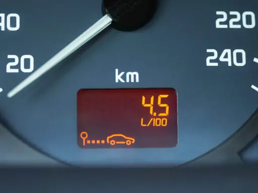 Indicador de consumo medio gasolina 100 km: 4.5 L/100. El coche muestra un consumo eficiente.
