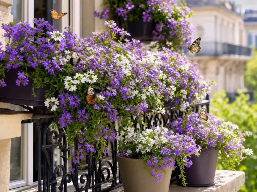 Des papillons butinent des lilas en pot sur un balcon parisien.