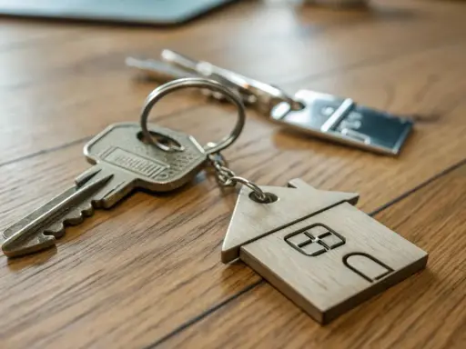 Clés avec un porte-clés en forme de maison en bois, symbolisant l'accession à la propriété.