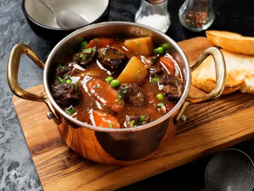 Herzhaftes Chili con Carne in Kupfertöpfchen, mit Kartoffeln, Karotten und Erbsen, serviert mit Baguette.