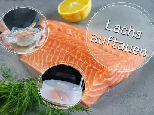 Frischer Lachs liegt bereit zum Auftauen. Eine Zitrone und Dill garnieren die Szene.
