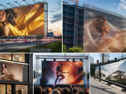 Wielkoformatowe banery reklamowe i drukowanie etykiet samoprzylepnych: reklama mody, koncert rockowy, nowoczesny dom i budowa.