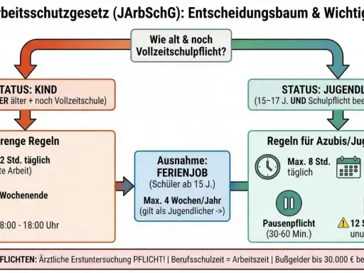 Entscheidungsbaum zum Jugendarbeitsschutzgesetz: Regeln für Schüler, die während der Schulzeit arbeiten, je nach Alter und Schulpflicht.