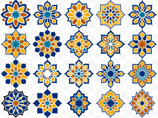 Eine Sammlung von geometrischen, sternförmigen Ornamenten in Blau, Gelb und Braun, die an ein islamisches Muster erinnern.
