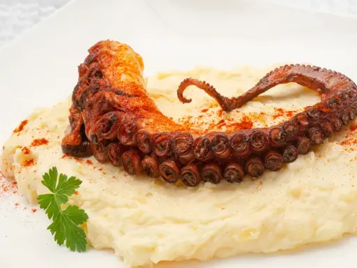 Delicioso pulpo a la plancha con puré cremoso, espolvoreado con pimentón y adornado con perejil fresco.