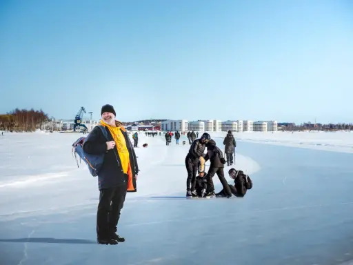 Glad man med ryggsäck njuter av en solig dag på isen i Luleå. Folk åker skridskor och promenerar i bakgrunden.