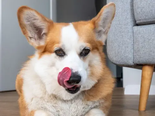 Uroczy corgi liże podłogę, szukając resztek smakołyków.
