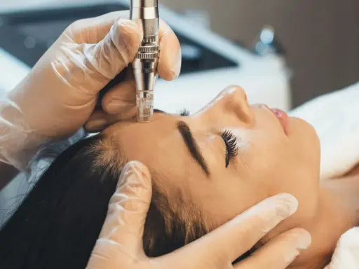 Un appareil de microneedling visage est utilisé par des mains gantées pour un soin de la peau.