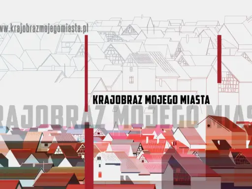 Krajobraz mojego miasta – gra planszowa. Stylizowany widok miasta z kolorowymi dachami i konturowymi budynkami.