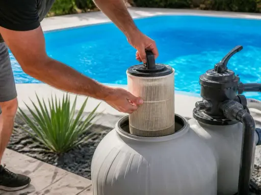 Entretien de la pompe à sable : une main retire le filtre d'une cuve grise, prêt pour le nettoyage. Piscine bleue en arrière-plan.